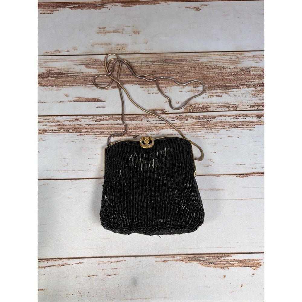 Vintage Walborg Black Hand Beaded Evening Bag Kiss Lock Chain Strap Small Purse